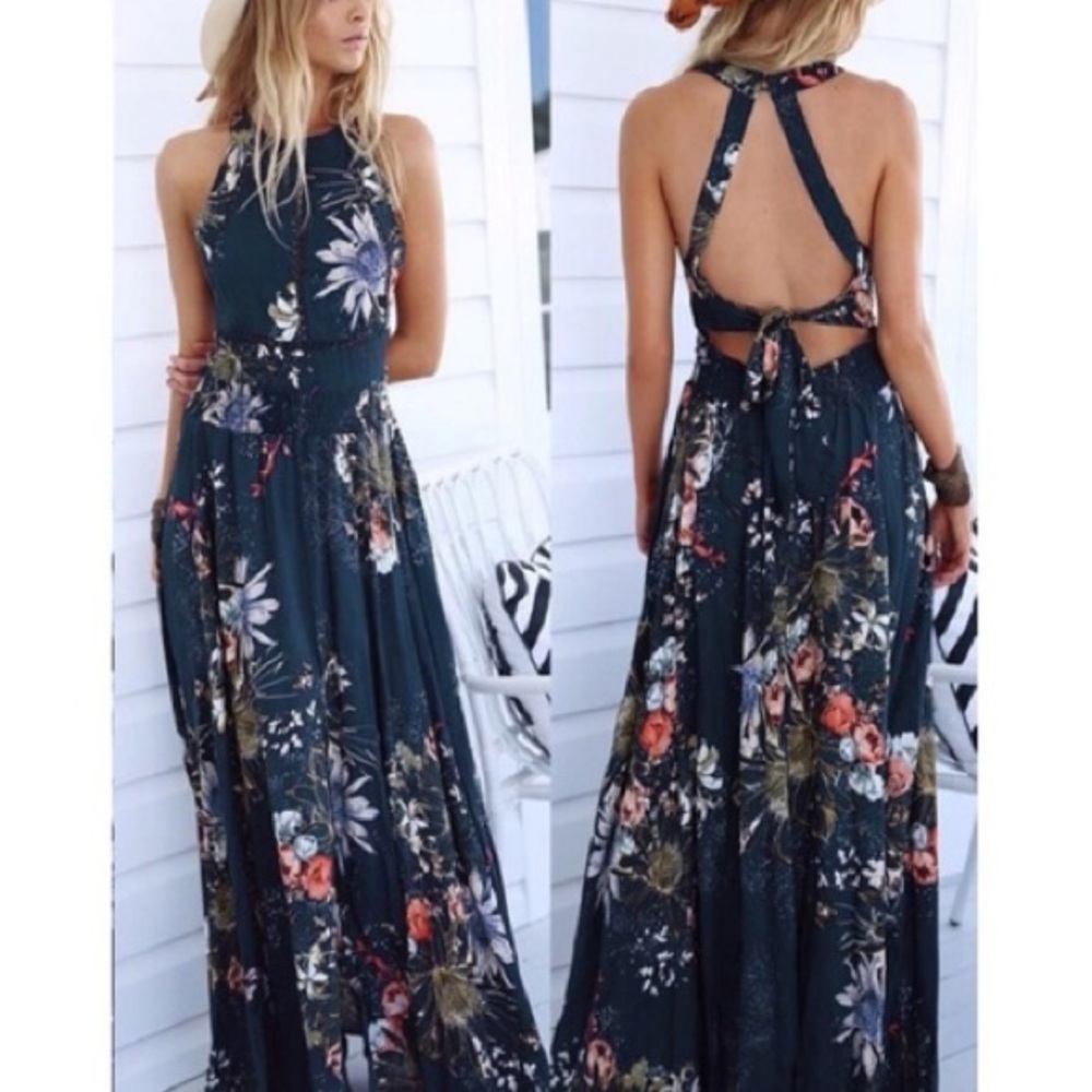 BP dark blue floral halter maxi dress with back tie and slit. Size Large.